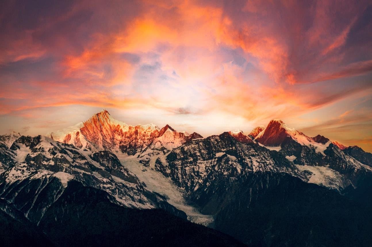 Shangri-La — snow peaks glowing at sunrise in Diqing Prefecture
