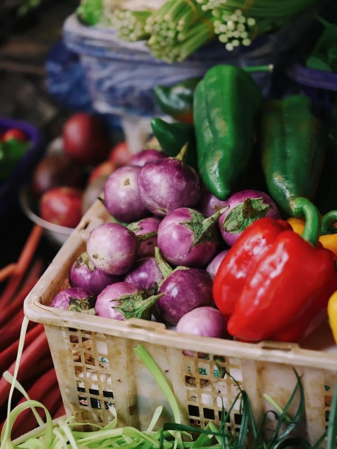 Yunnan Spring Markets — peppers and onions in a market basket