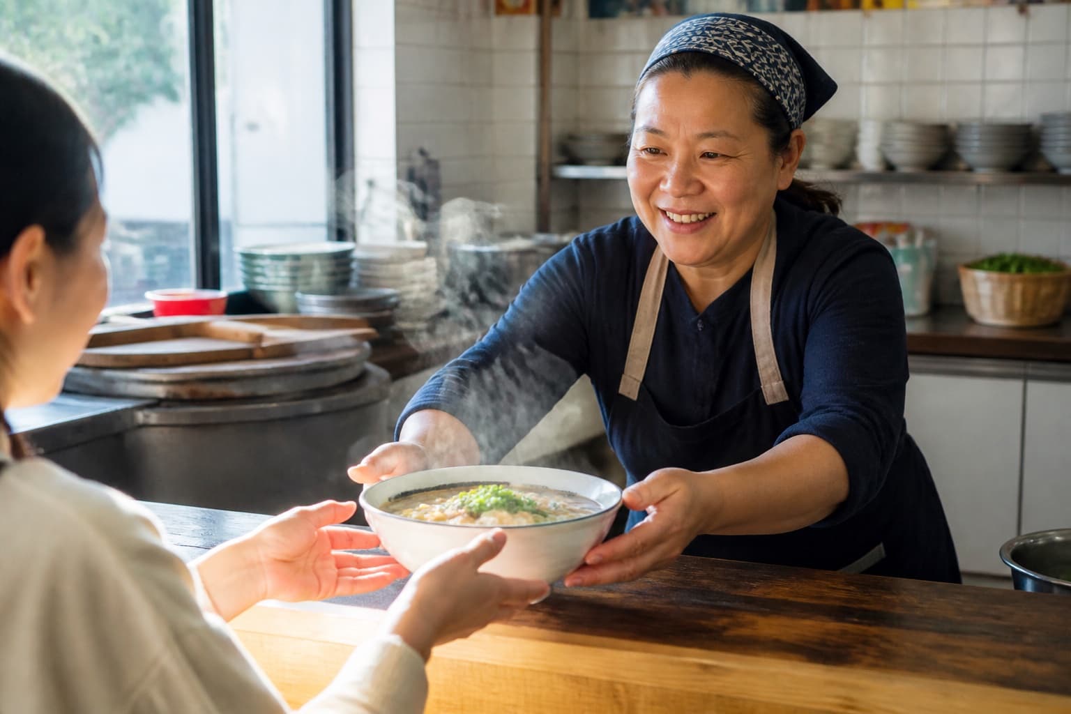 Cook serving a steaming bowl of Yunnan rice noodles