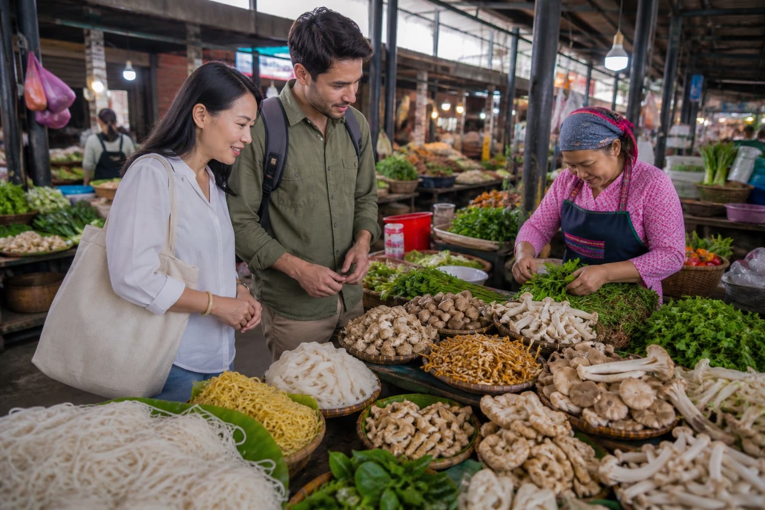 Fresh herbs vegetables noodles and cooked foods in a Yunnan market