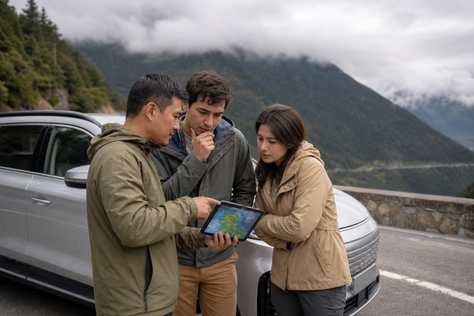 Travelers checking a weather warning before entering a Yunnan mountain road