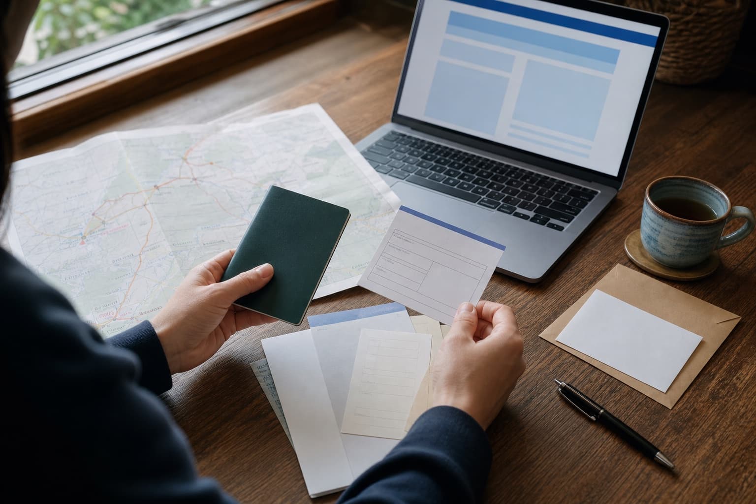 Traveler checking a route and official entry requirements