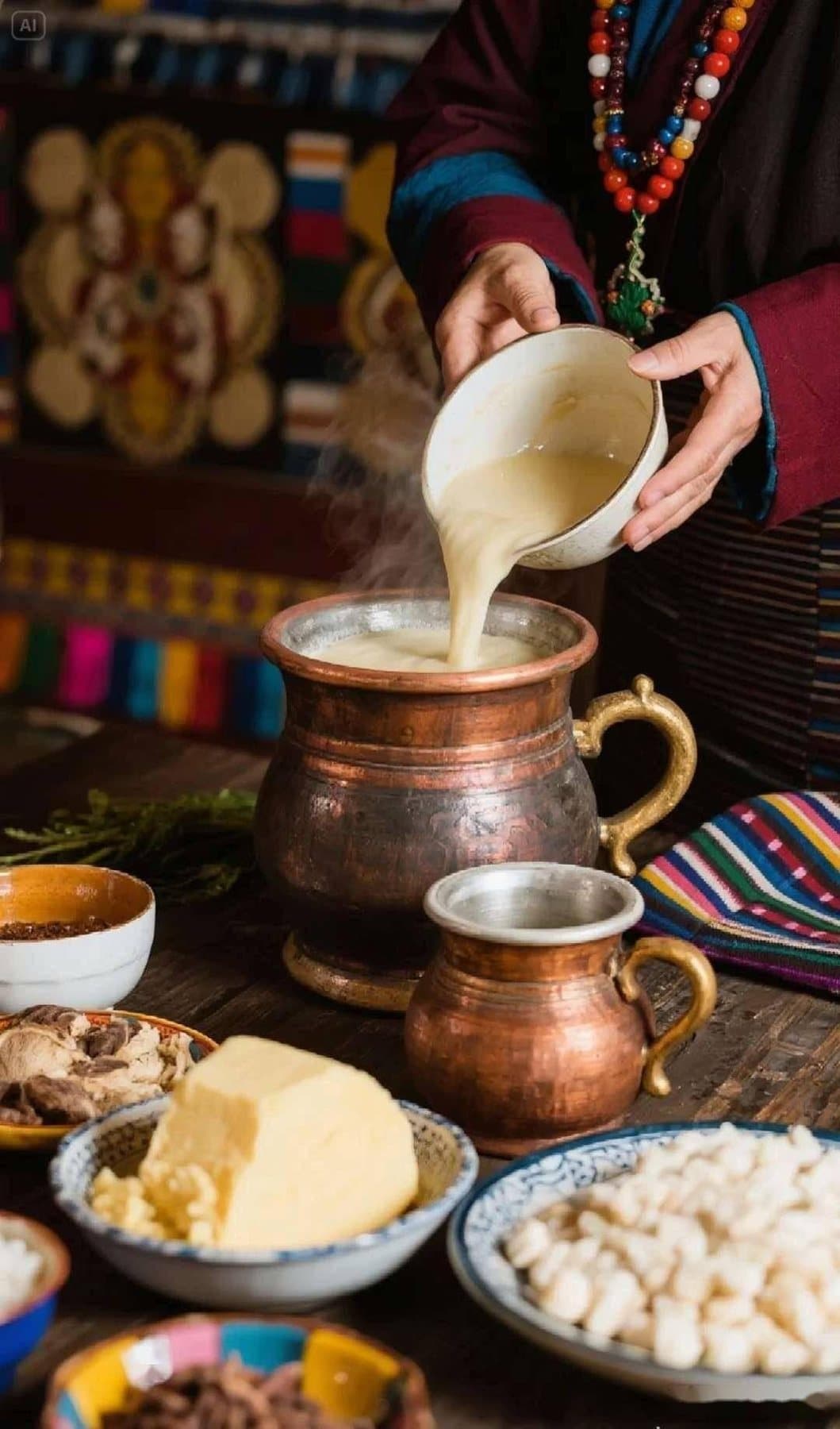 Ethnic Cultures of Yunnan — butter tea being poured in a Tibetan home