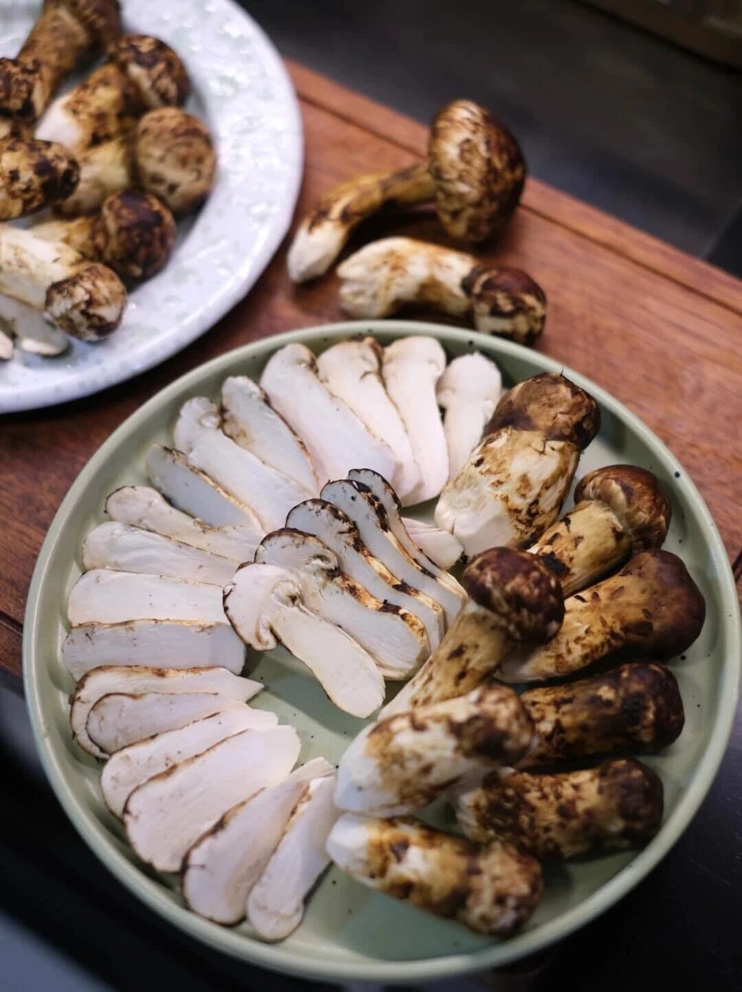 Matsutake in Shangri-La — sliced matsutake prepared for cooking