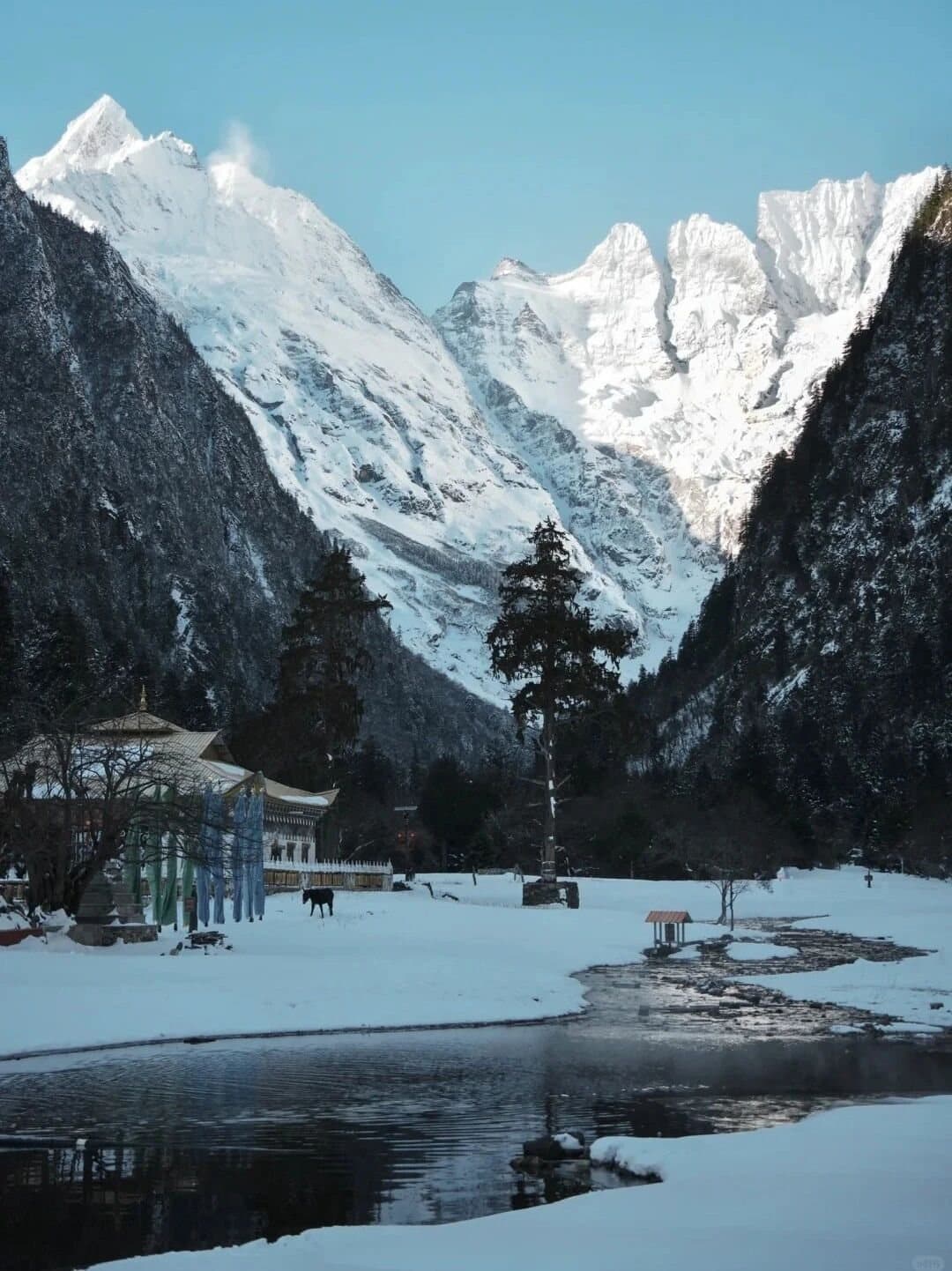 Yubeng Village — snow-covered homes beneath the mountains
