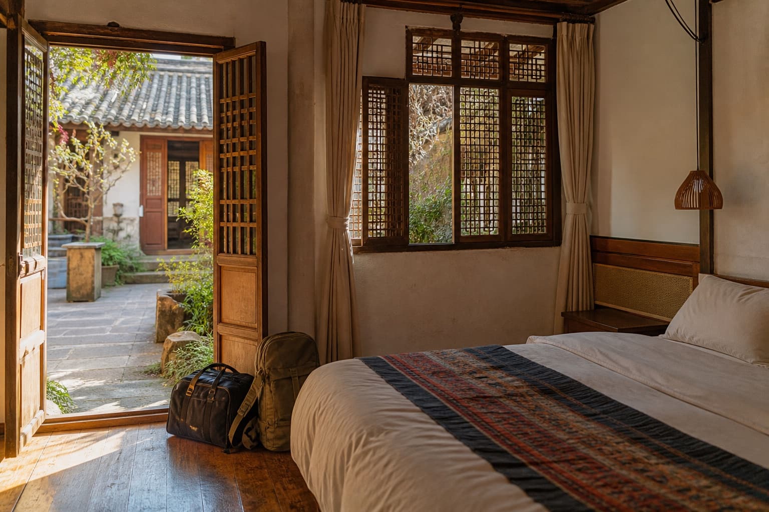 Warm Yunnan guest room opening onto a courtyard